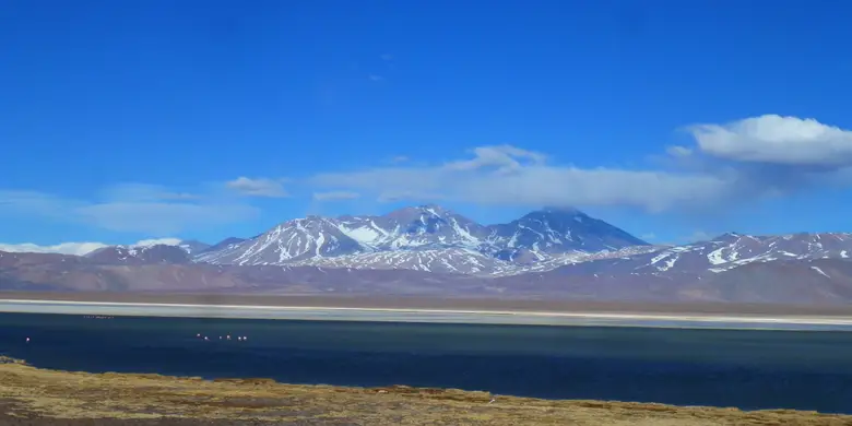 Laguna del altiplano de Atacama con las tres cumbres del Nevado Tres Cruces al fondo